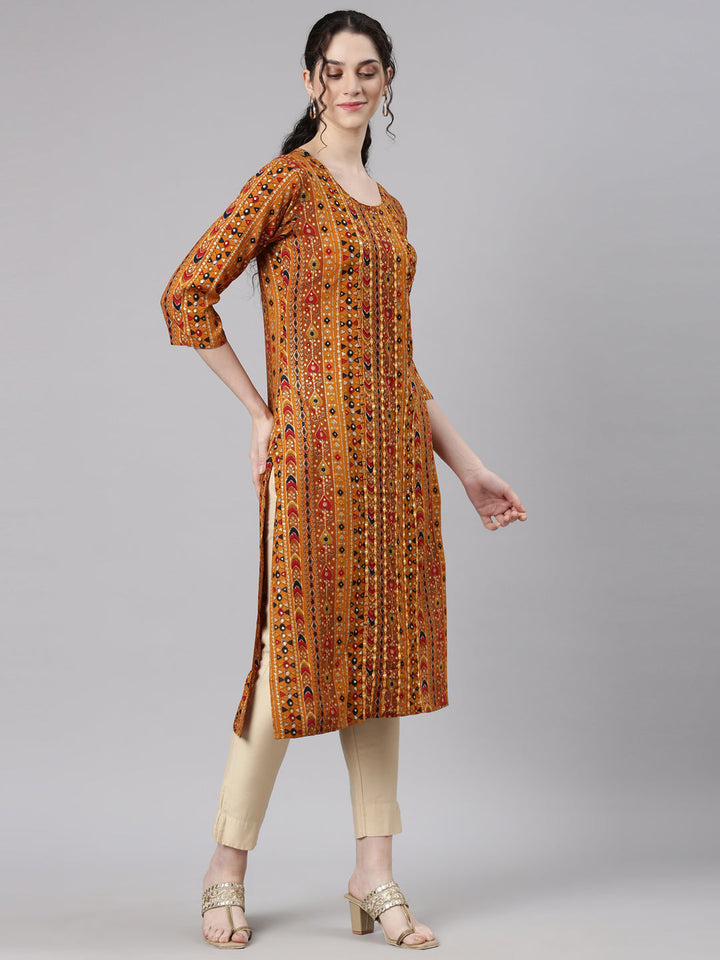 Neerus Yellow Rayon Embellished Kurti - side view