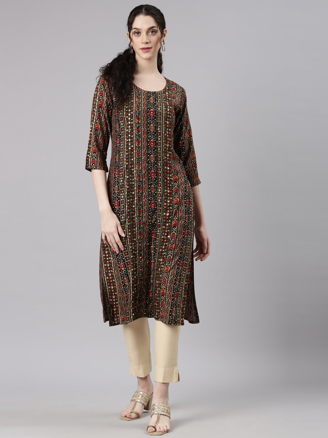 Neerus Green Rayon Embellished Straight Kurta - front view