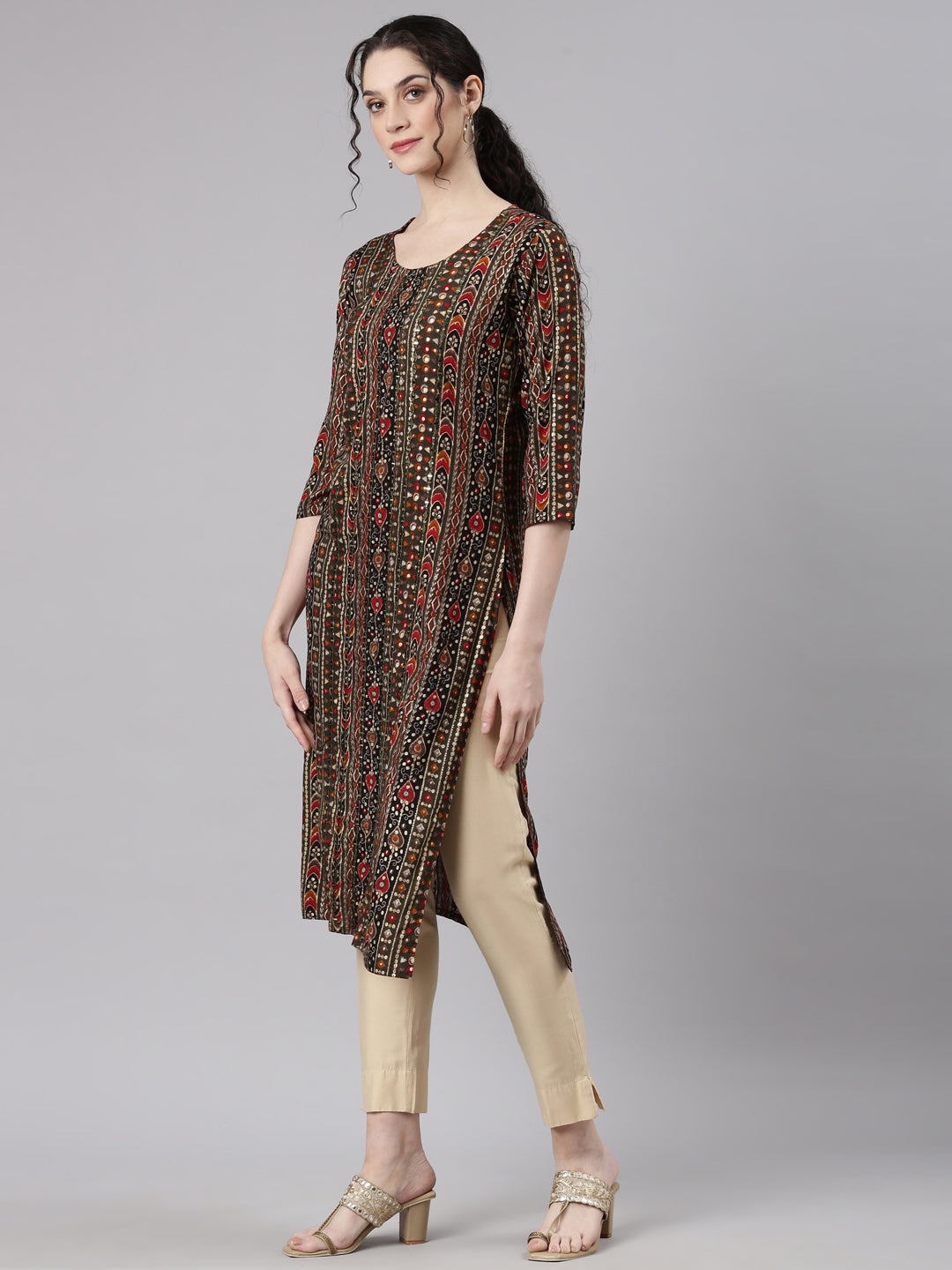 Neerus Green Rayon Embellished Straight Kurta - back view