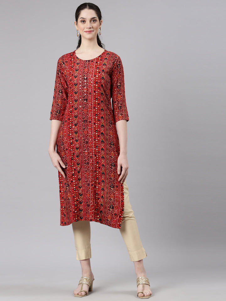 Neerus Red rayon embellished straight kurta - front view