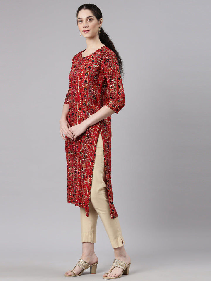 Neerus Red rayon embellished straight kurta - back view