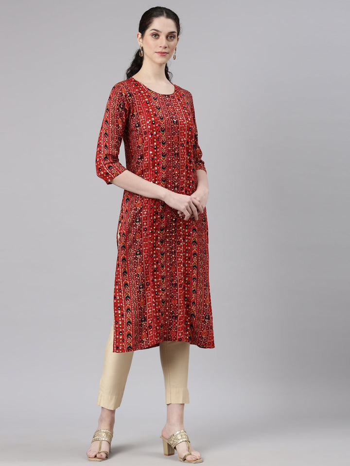 Neerus Red rayon embellished straight kurta - side view