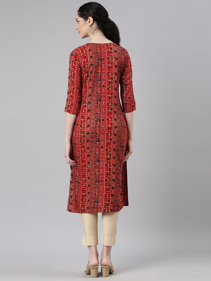 Neerus Red rayon embellished straight kurta - detail view 1