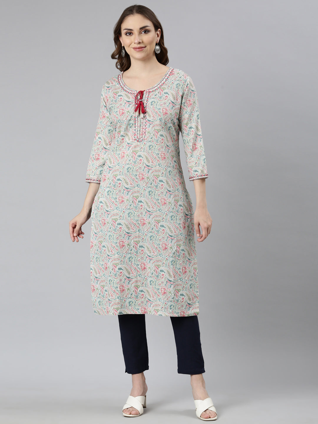Neerus Blue Jacquard woven straight kurti - front view