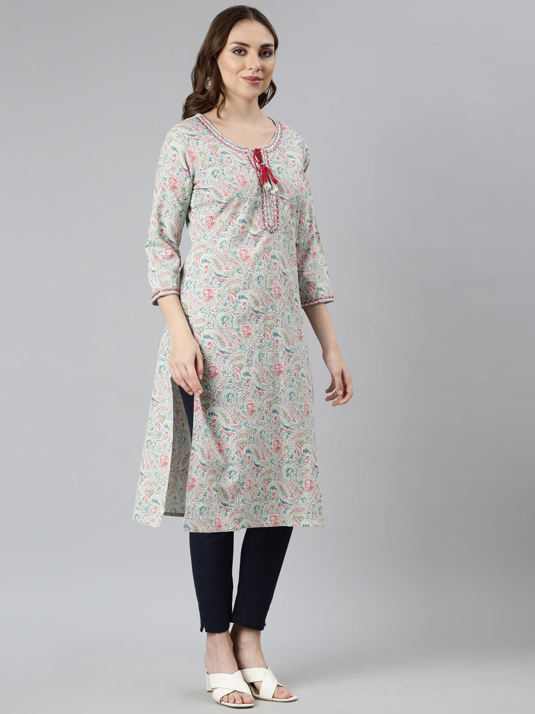 Neerus Blue Jacquard woven straight kurti - back view