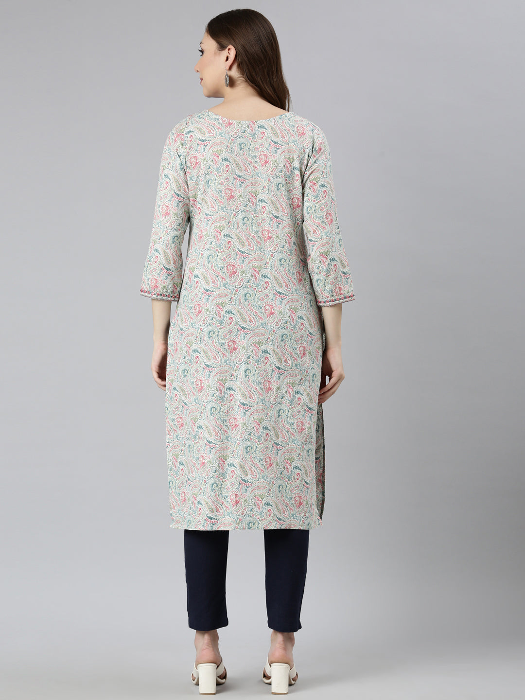 Neerus Blue Jacquard woven straight kurti - side view