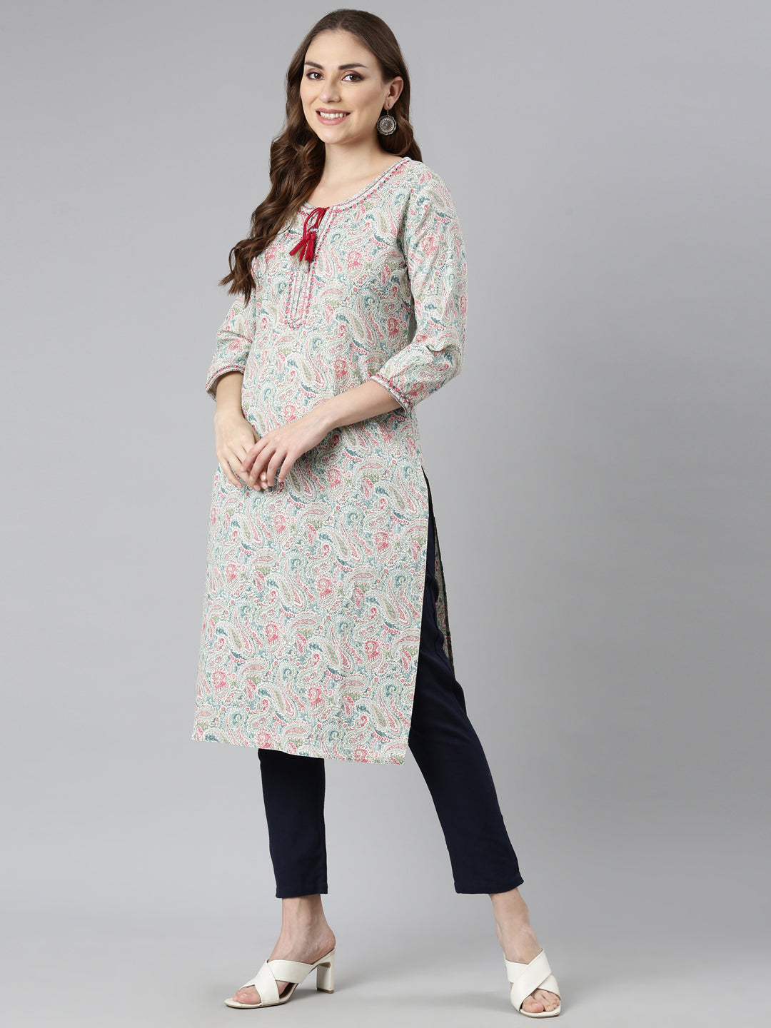 Neerus Blue Jacquard woven straight kurti - detail view 1