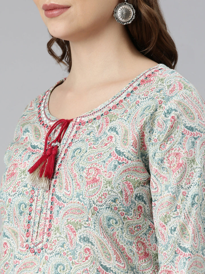 Neerus Blue Jacquard woven straight kurti - detail view 2