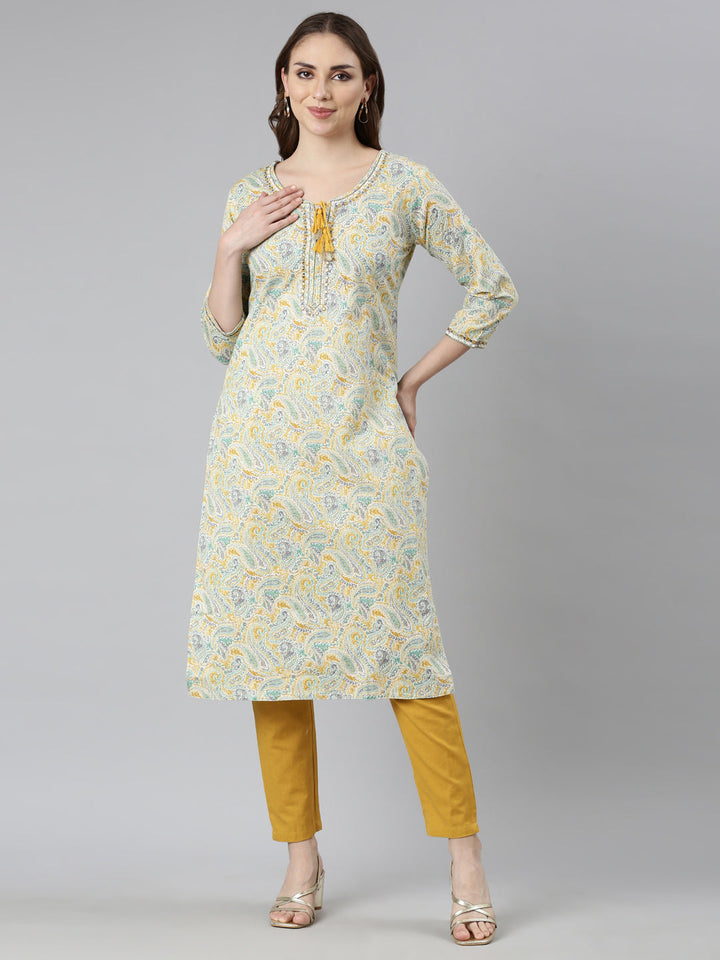 Neerus Yellow cotton woven kurti straight silhouette - front view
