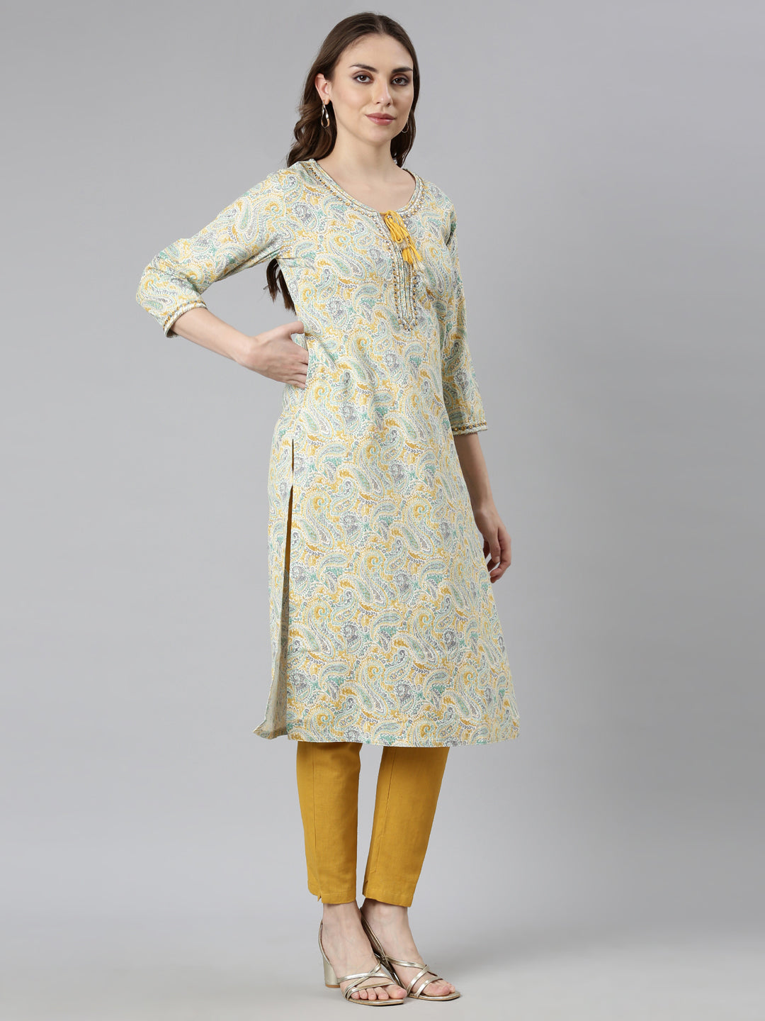Neerus Yellow cotton woven kurti straight silhouette - back view