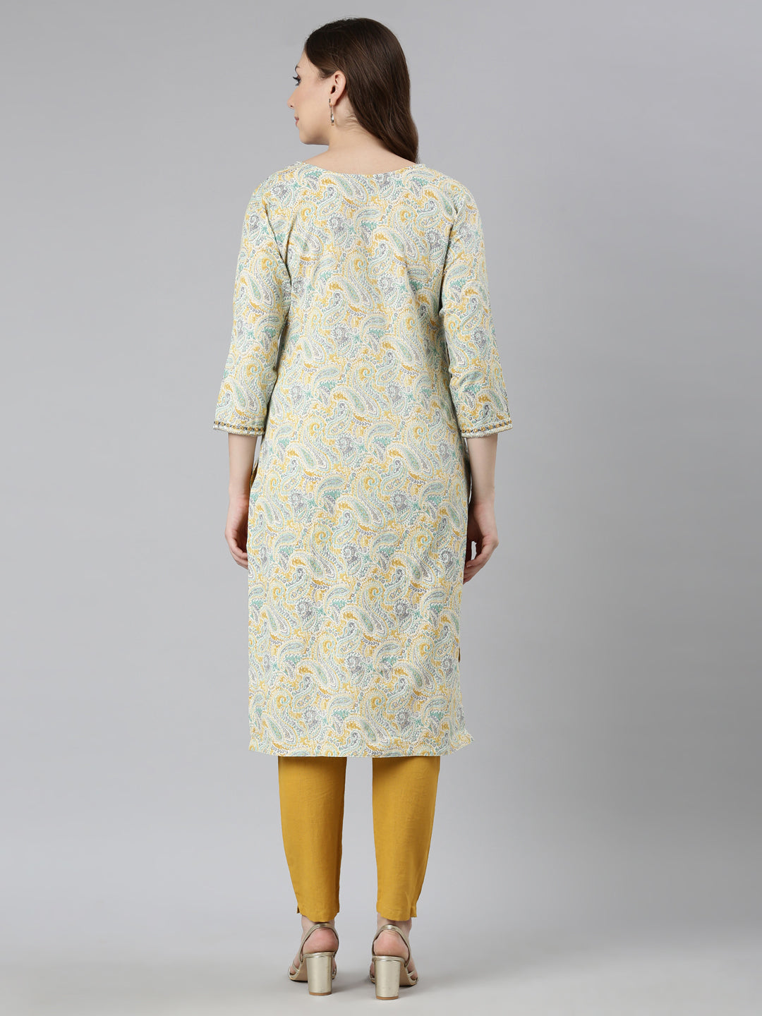 Neerus Yellow cotton woven kurti straight silhouette - side view