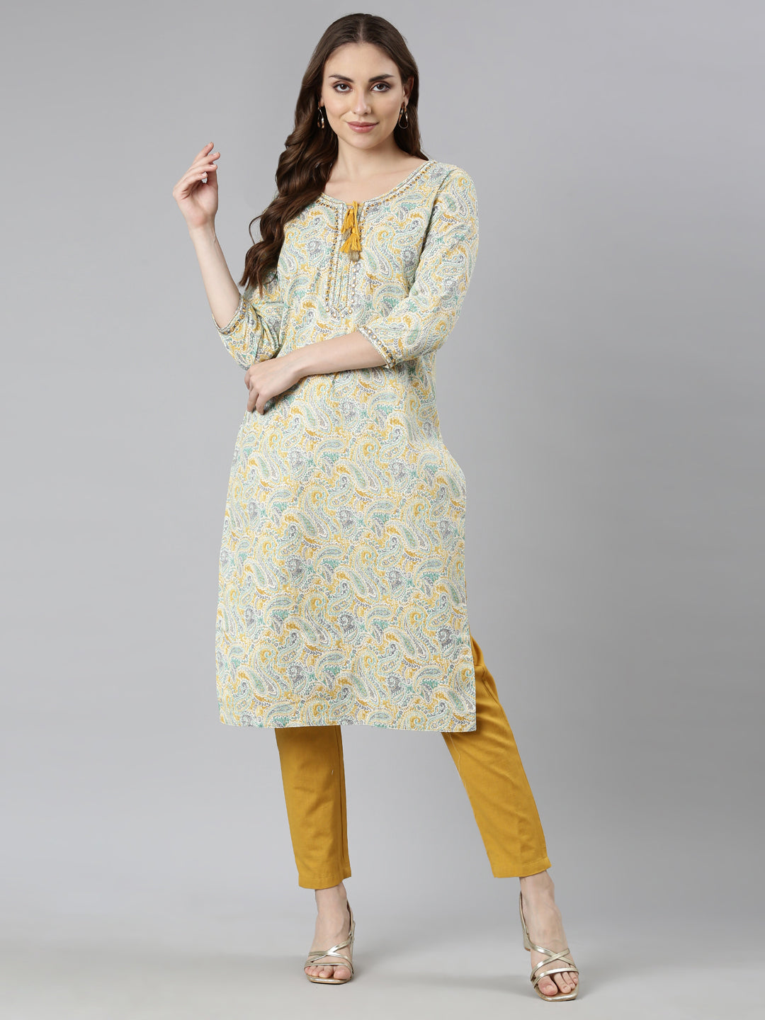 Neerus Yellow cotton woven kurti straight silhouette - detail view 1