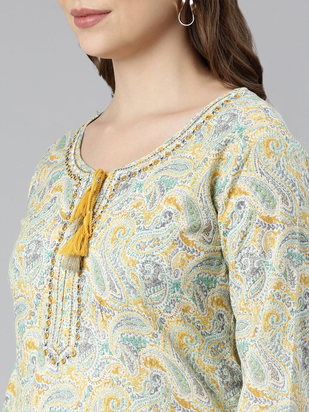 Neerus Yellow cotton woven kurti straight silhouette - detail view 2