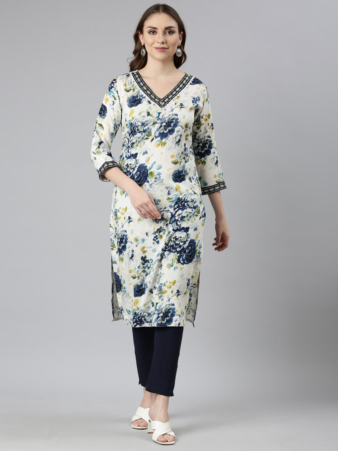 Neerus Blue floral printed straight kurti - front view