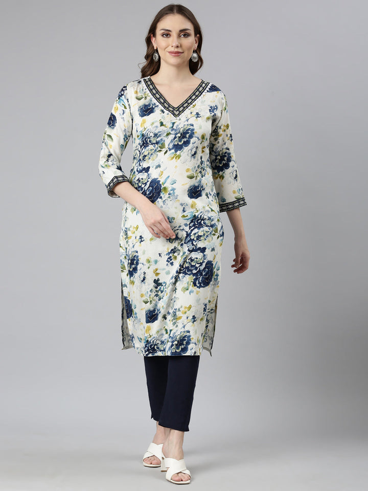Neerus Blue floral printed straight kurti - front view