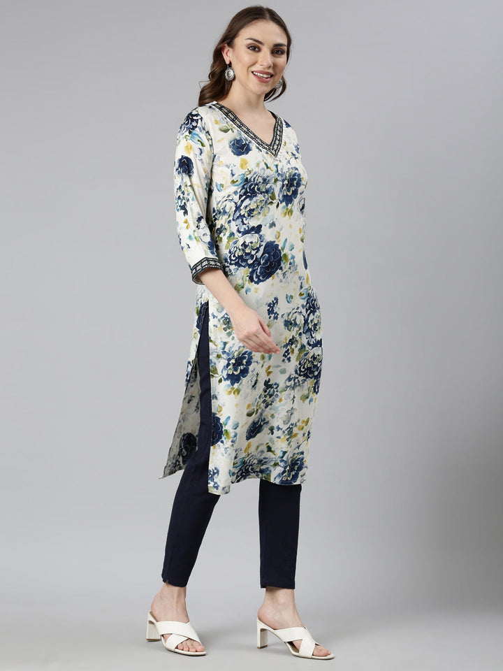 Neerus Blue floral printed straight kurti - back view