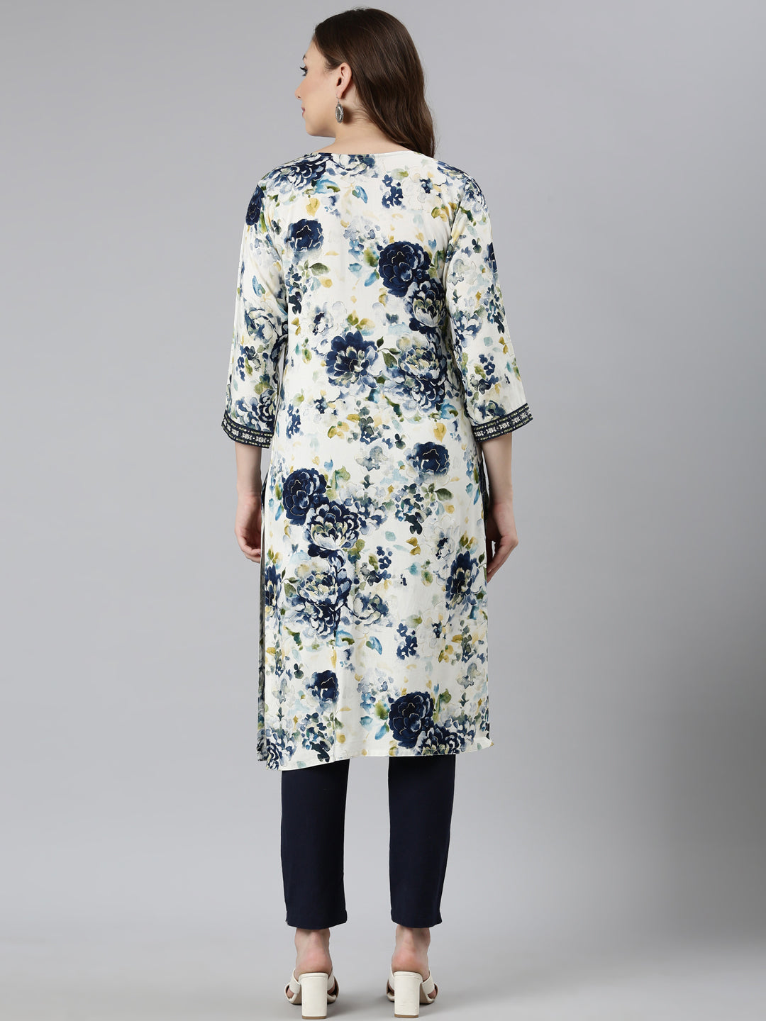 Neerus Blue floral printed straight kurti - side view