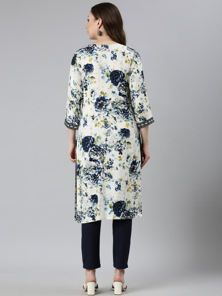 Neerus Blue floral printed straight kurti - side view