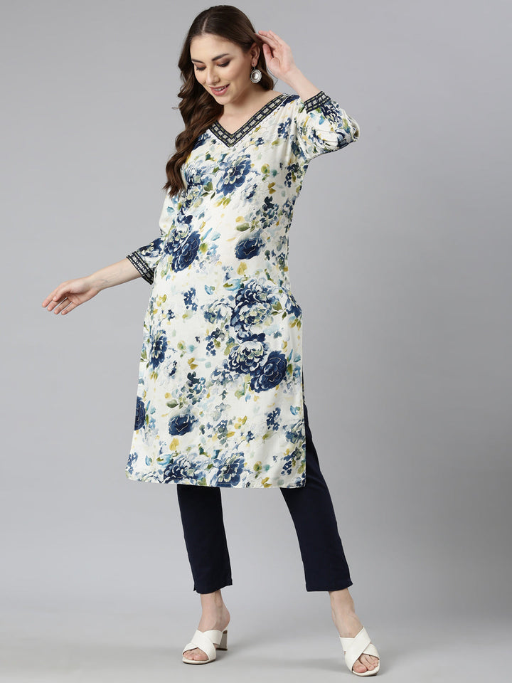 Neerus Blue floral printed straight kurti - detail view 1