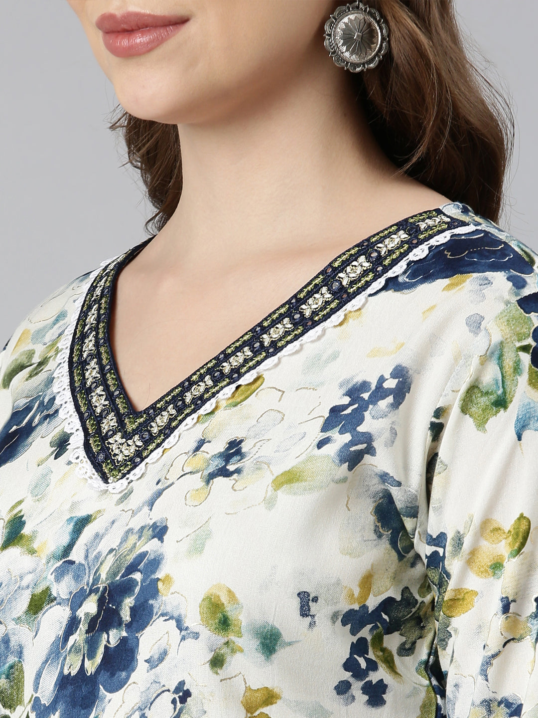 Neerus Blue floral printed straight kurti - detail view 2