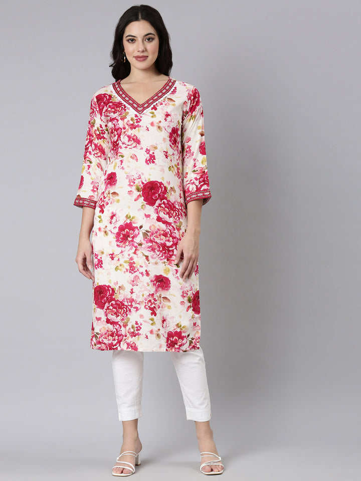 Neerus Red floral printed straight panelled kurti - front view