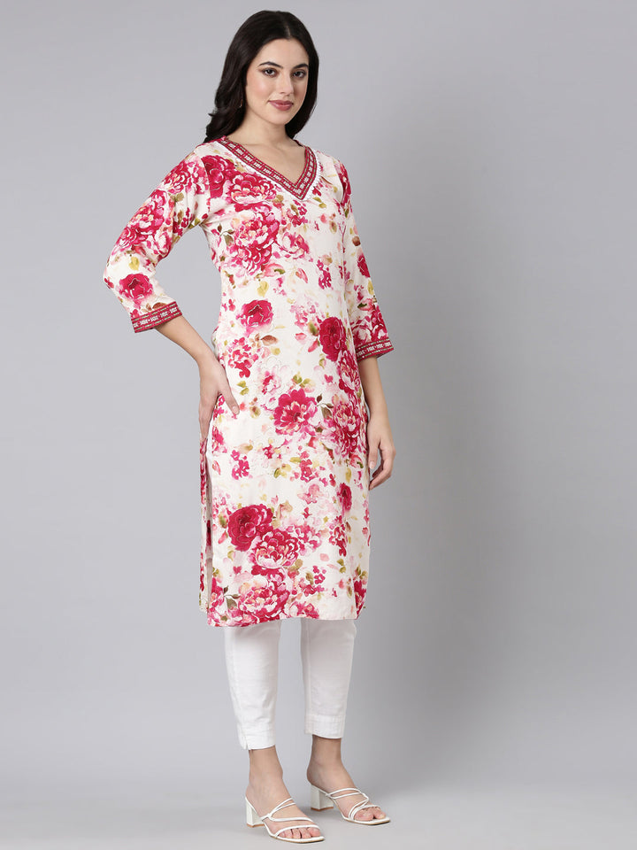Neerus Red floral printed straight panelled kurti - back view