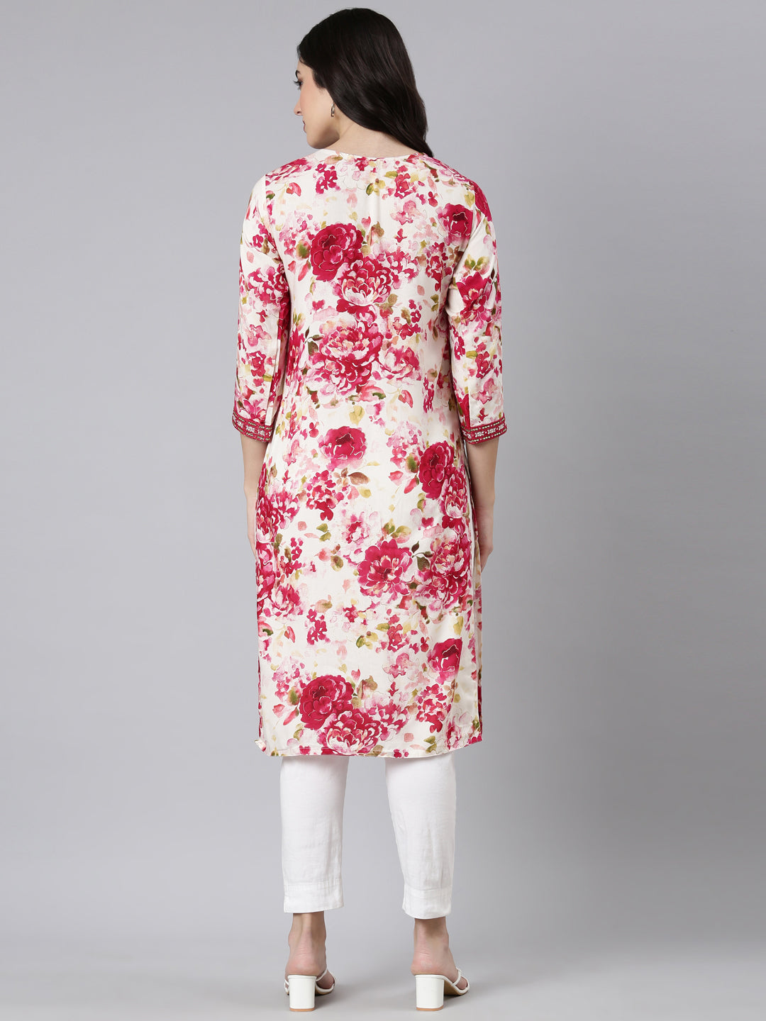 Neerus Red floral printed straight panelled kurti - side view