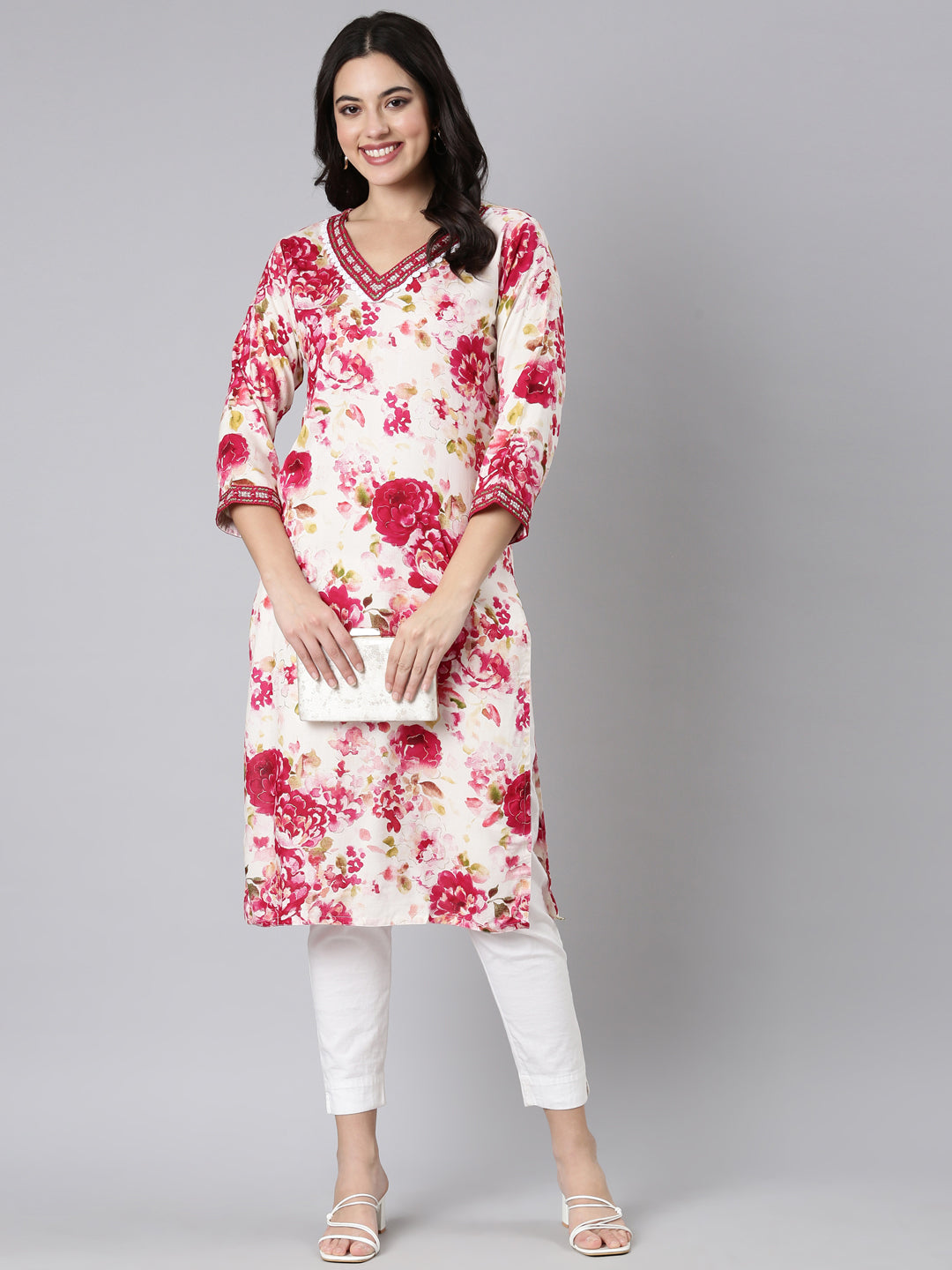 Neerus Red floral printed straight panelled kurti - detail view 1
