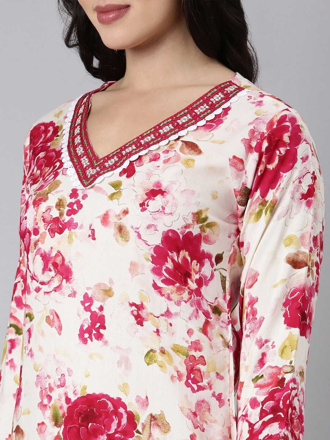 Neerus Red floral printed straight panelled kurti - detail view 2