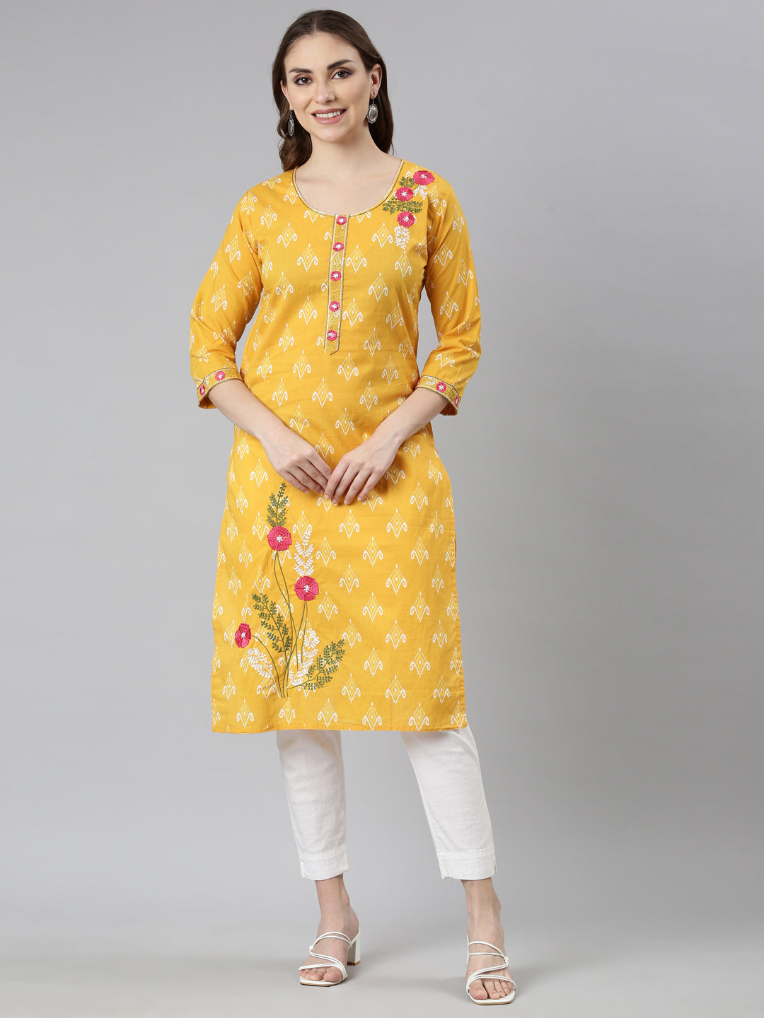Neerus Yellow floral printed straight kurta - front view