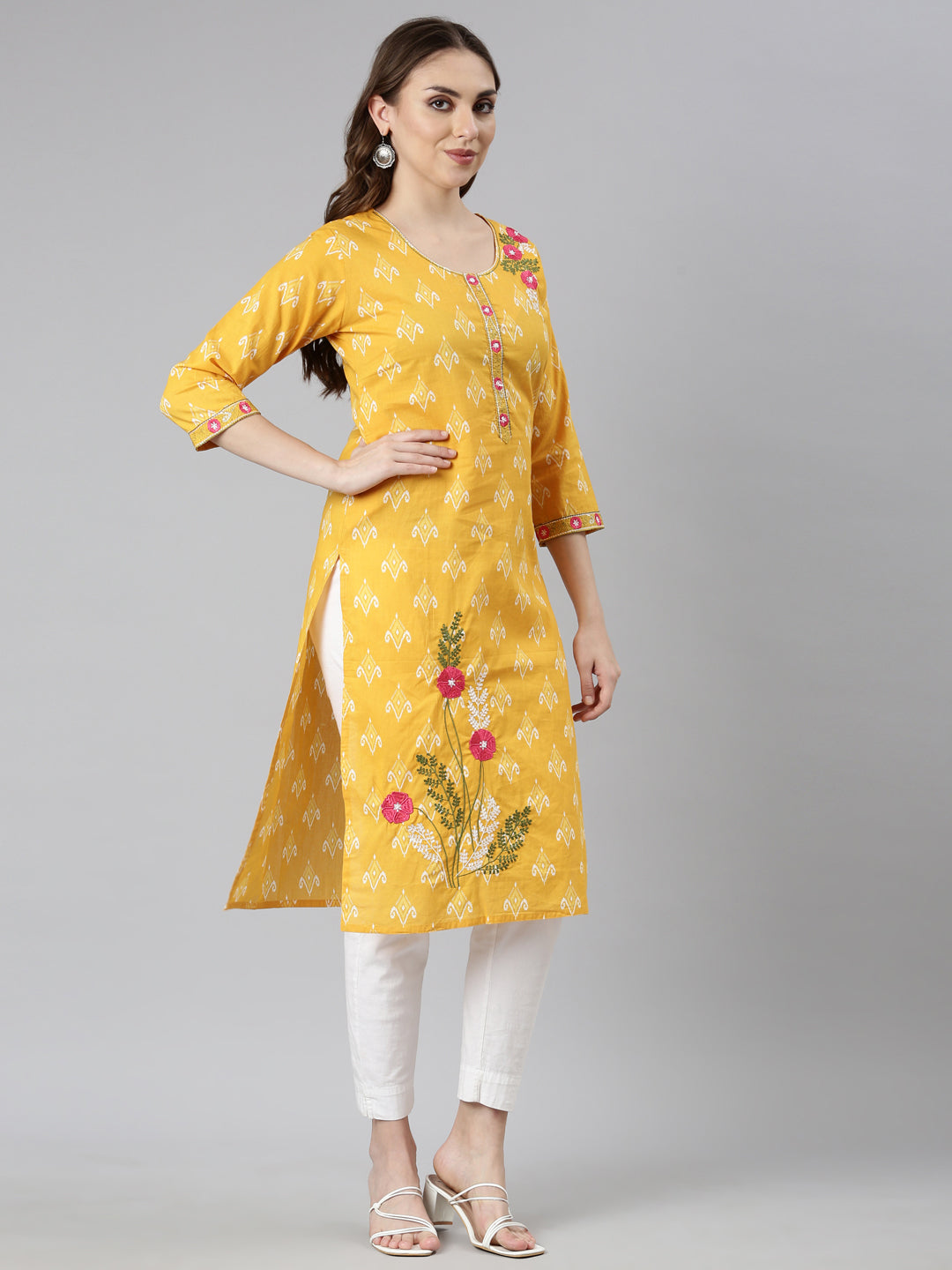 Neerus Yellow floral printed straight kurta - back view
