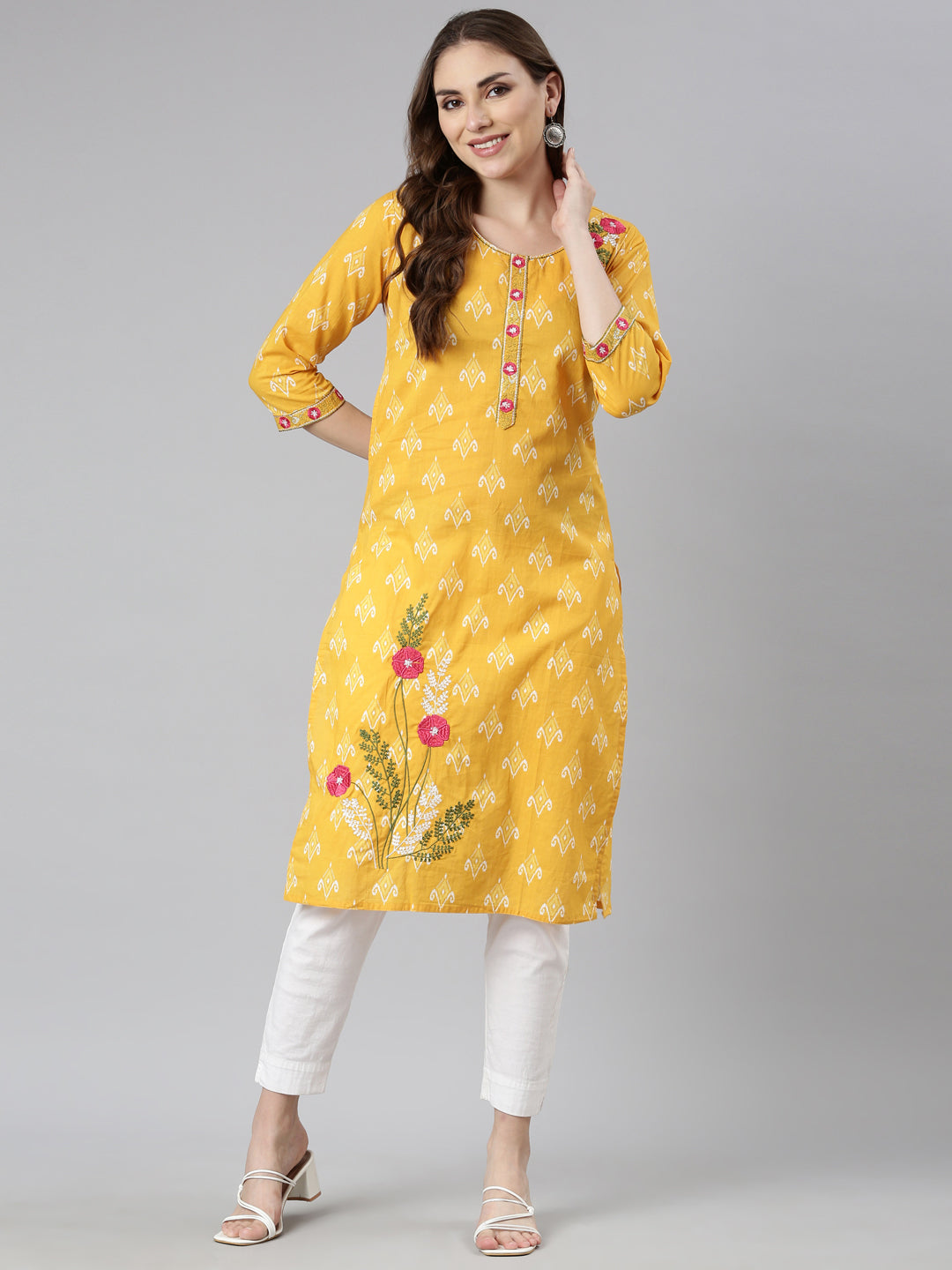 Neerus Yellow floral printed straight kurta - detail view 1