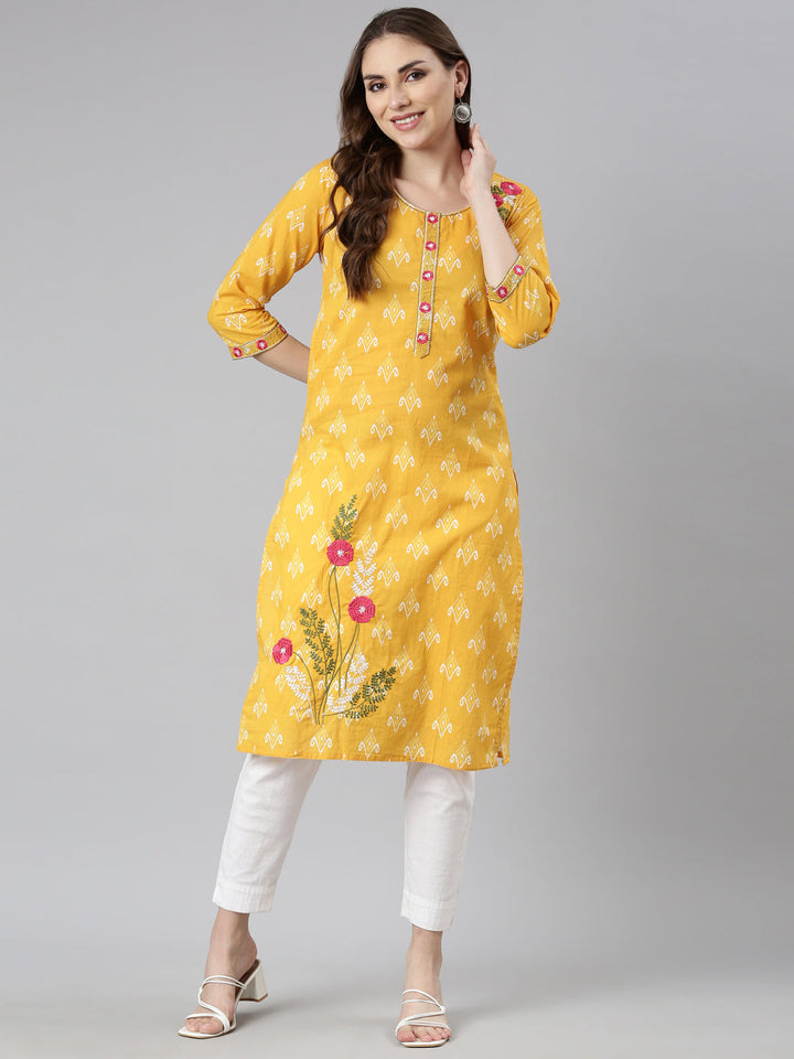 Neerus Yellow floral printed straight kurta - detail view 1