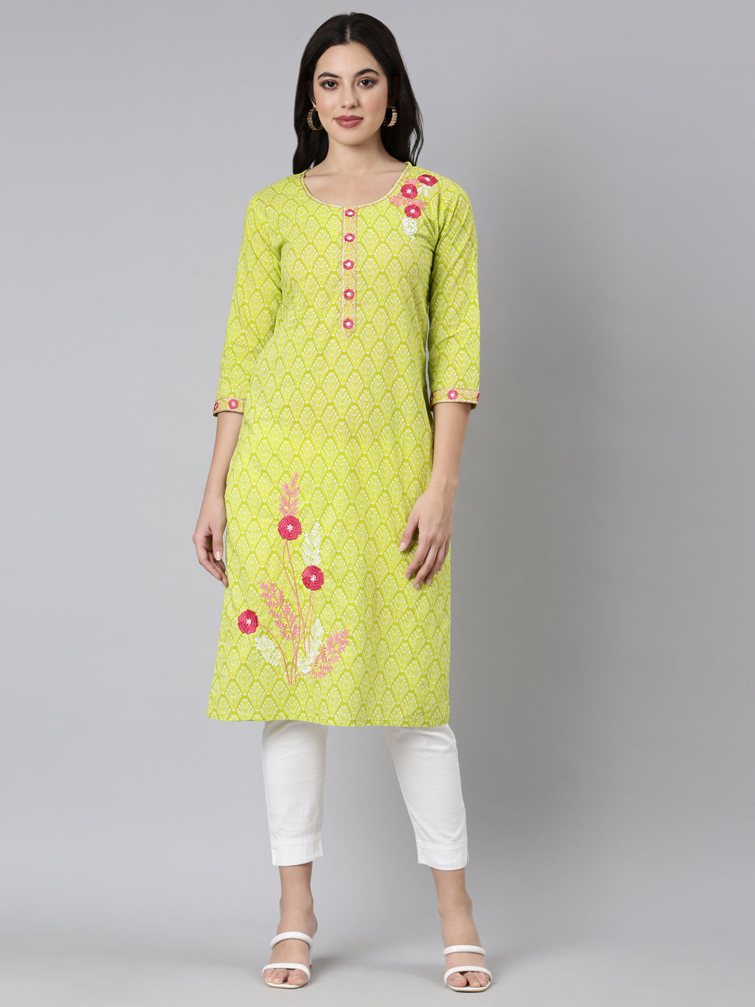 Neerus Green floral printed straight kurti - front view