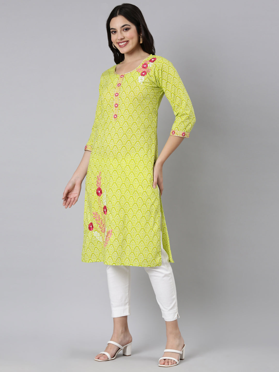 Neerus Green floral printed straight kurti - back view