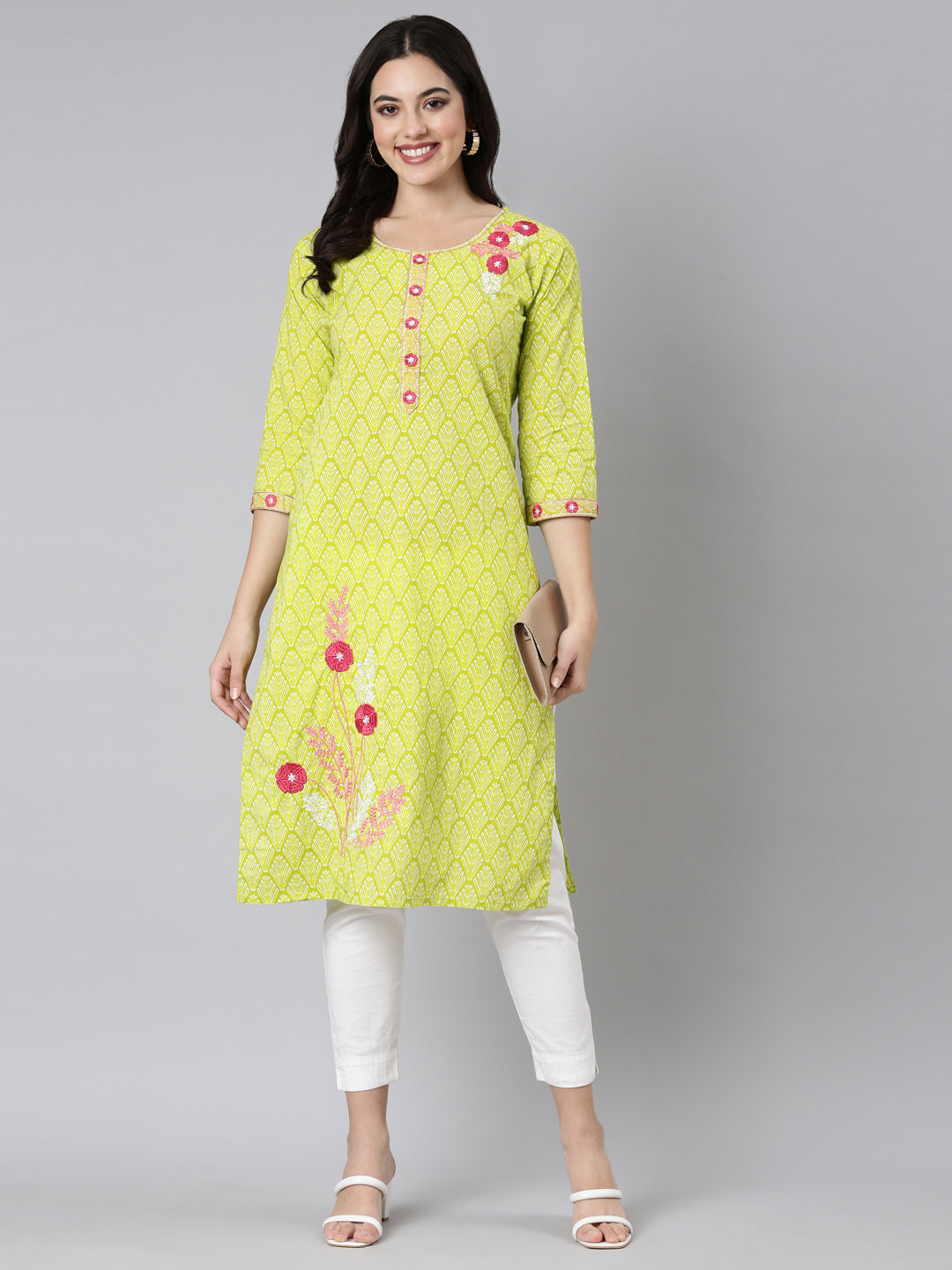 Neerus Green floral printed straight kurti - detail view 1