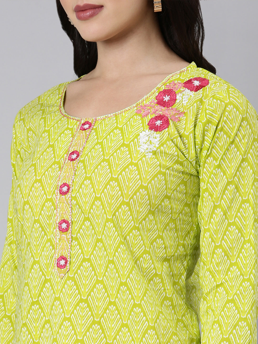 Neerus Green floral printed straight kurti - detail view 2