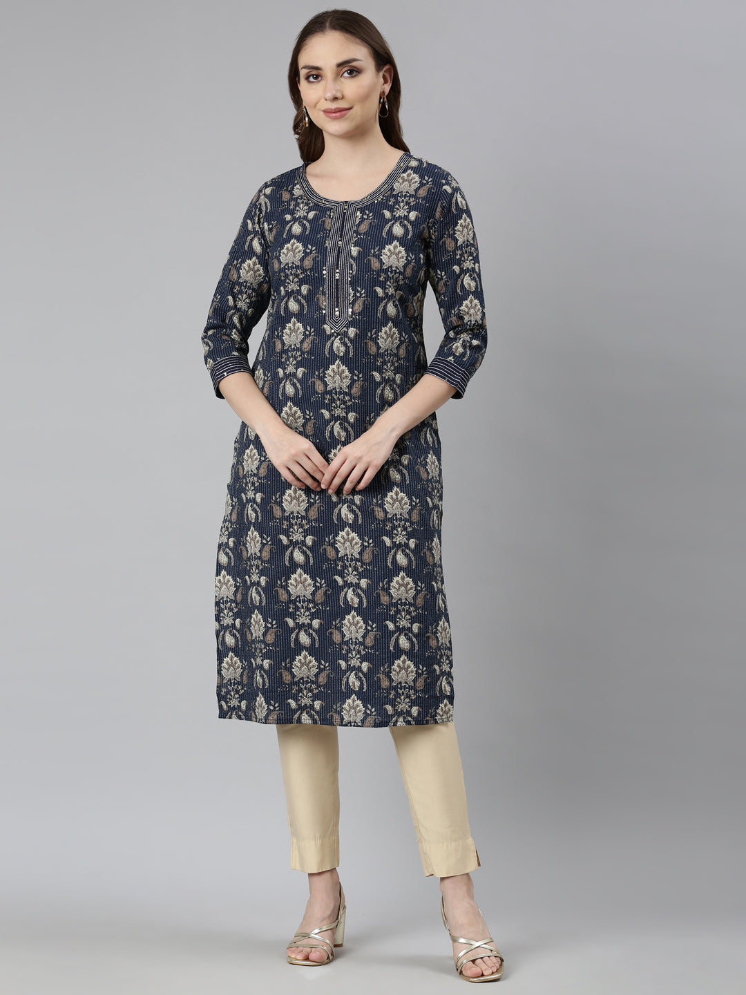 Neerus Blue printed paisley straight kurti - front view