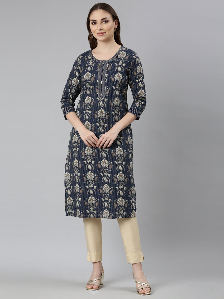 Neerus Blue printed paisley straight kurti - front view