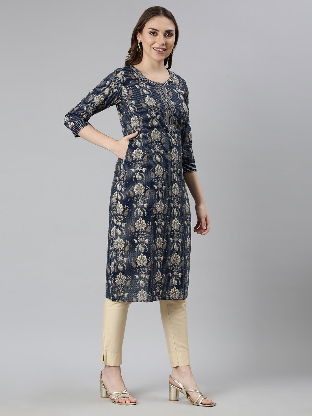 Neerus Blue printed paisley straight kurti - back view
