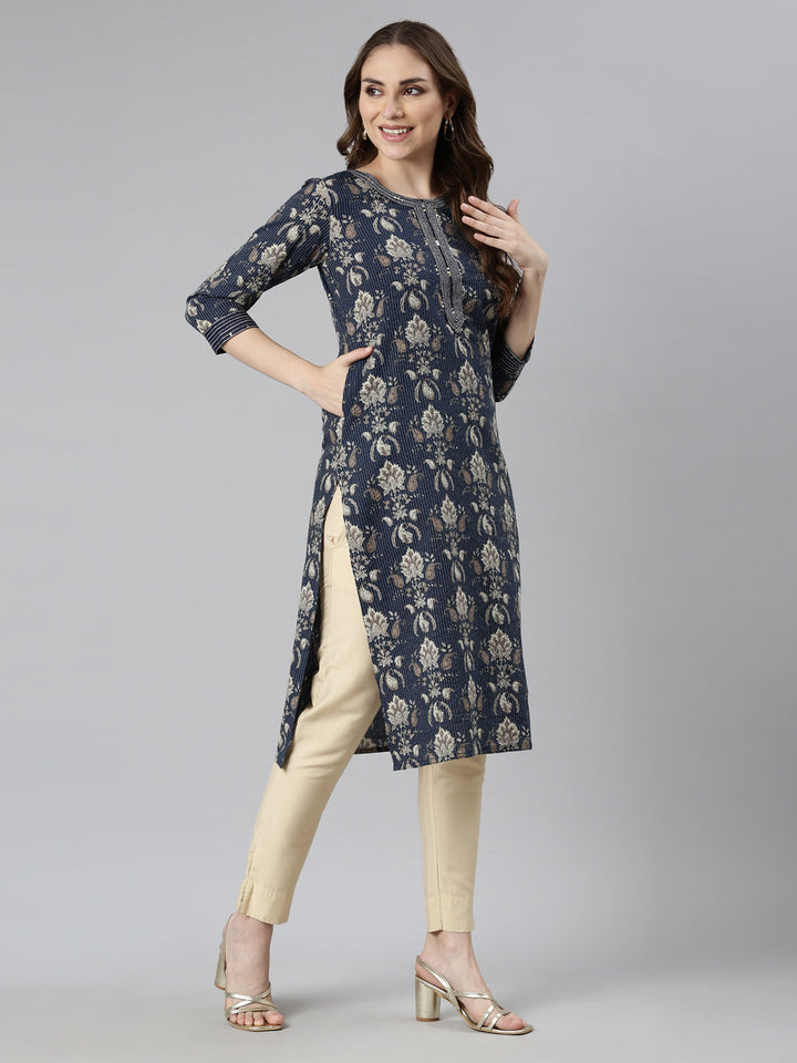 Neerus Blue printed paisley straight kurti - detail view 1