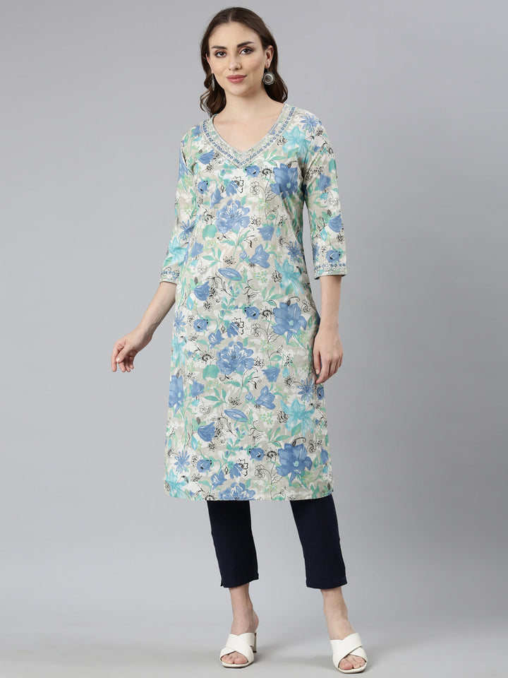 Neerus Blue printed floral straight kurti panelled - front view