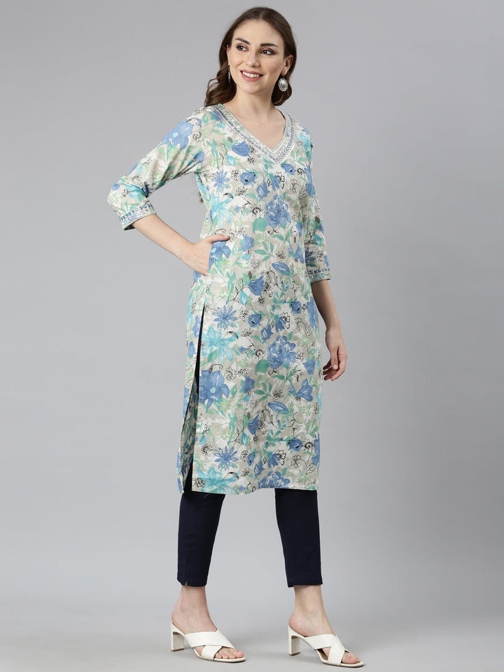 Neerus Blue printed floral straight kurti panelled - back view