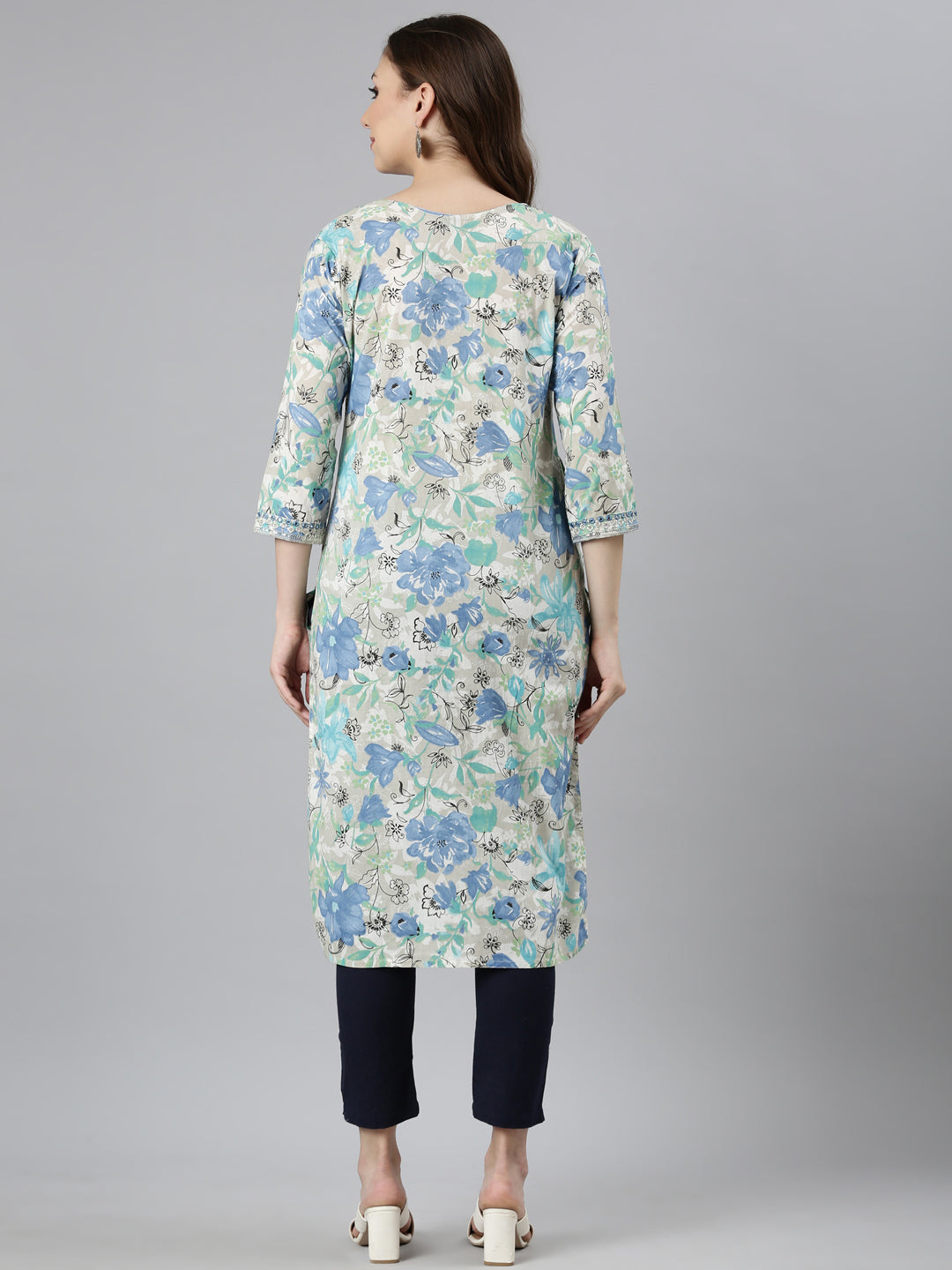 Neerus Blue printed floral straight kurti panelled - side view