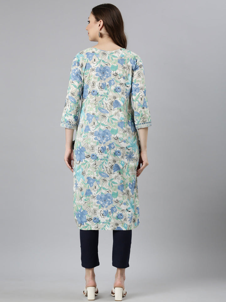 Neerus Blue printed floral straight kurti panelled - side view