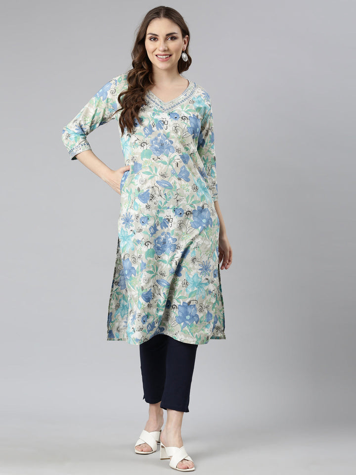 Neerus Blue printed floral straight kurti panelled - detail view 1