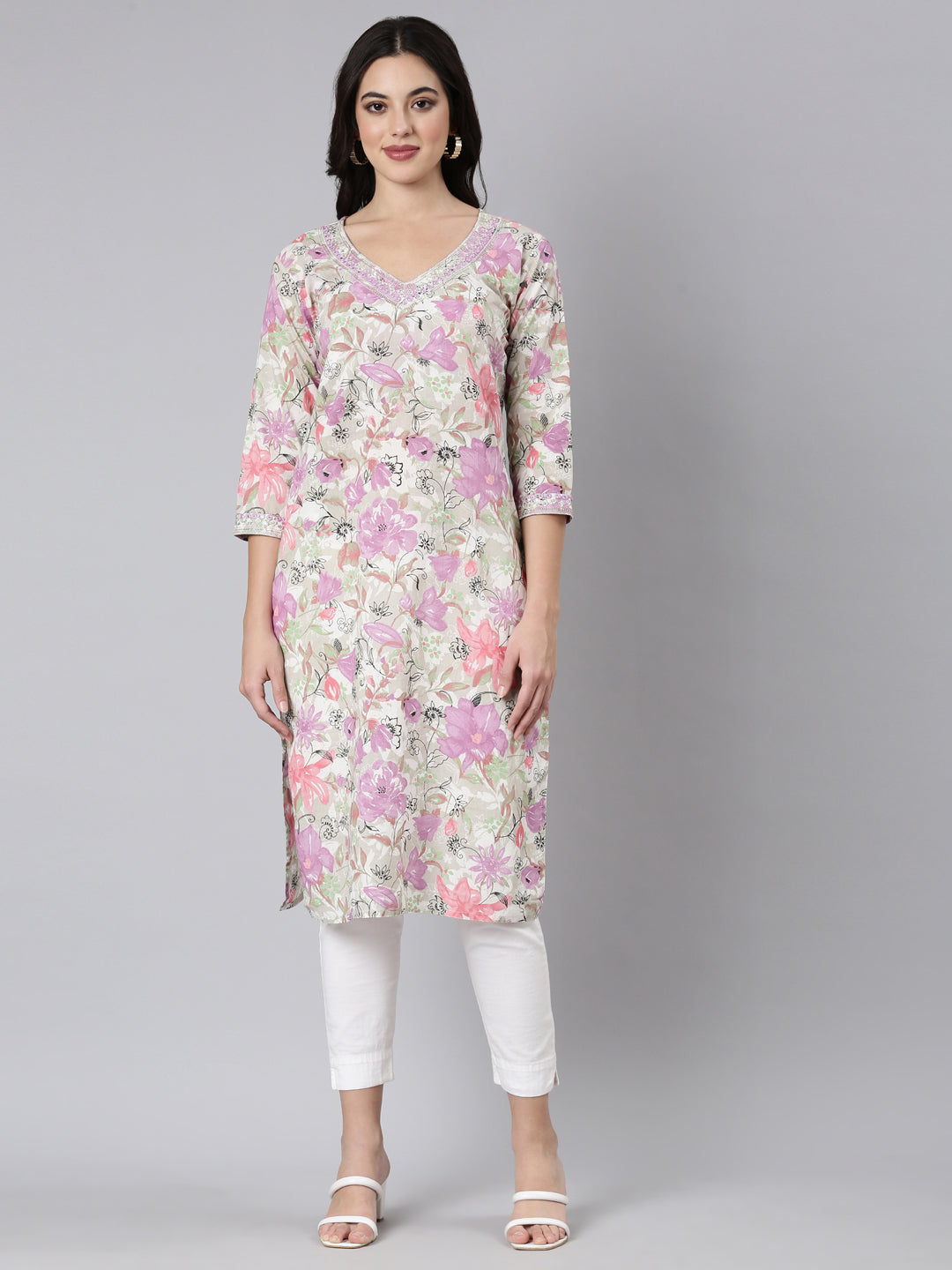 Neerus Purple floral printed straight kurta - front view