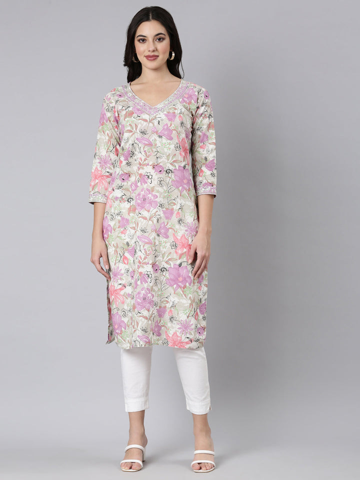 Neerus Purple floral printed straight kurta - front view