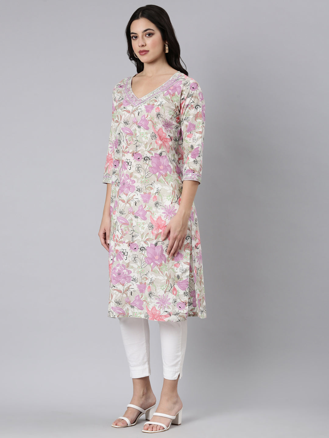 Neerus Purple floral printed straight kurta - back view