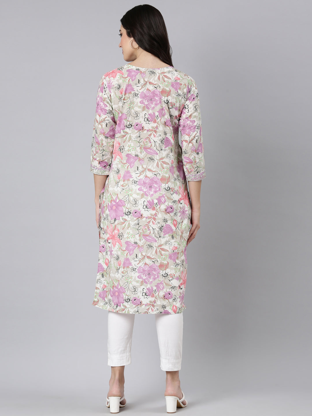 Neerus Purple floral printed straight kurta - side view